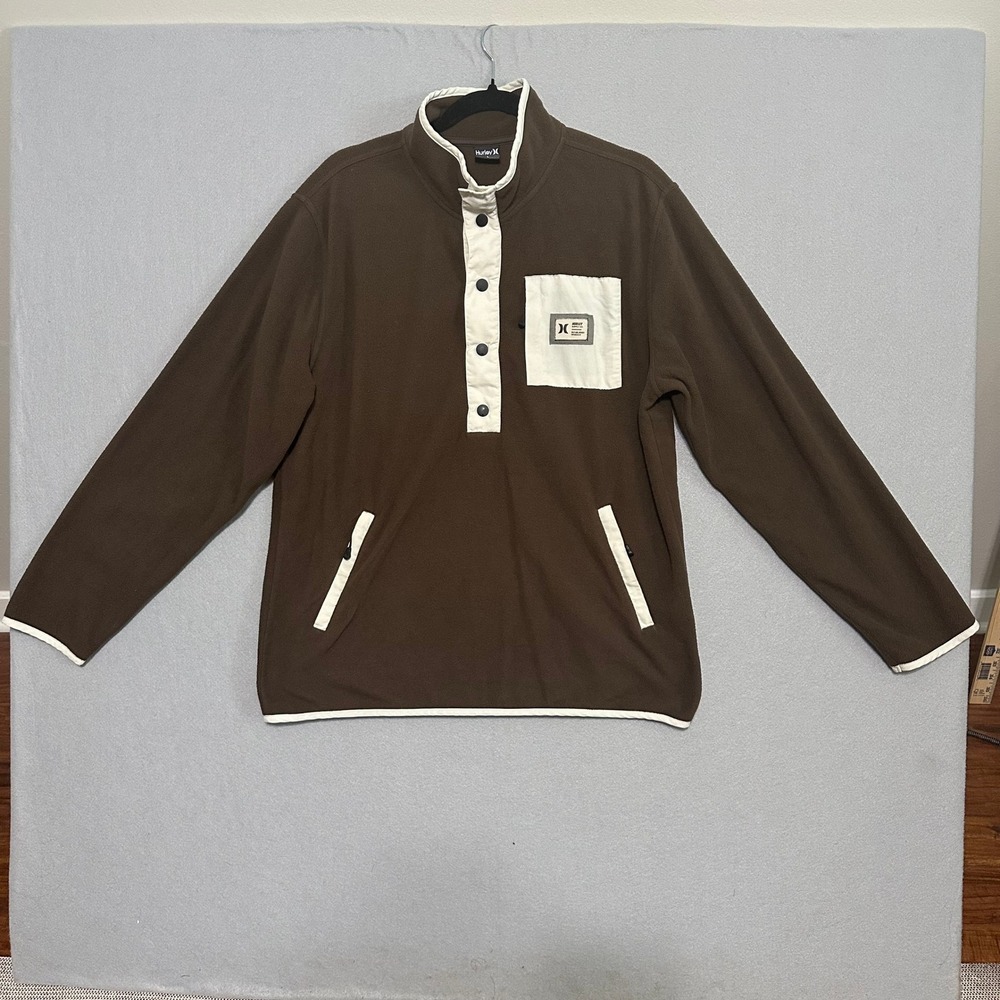 Hurley Mens Brown Fleece Snap Mock Neck Pullover Sweater Large Pocket‎ Trim